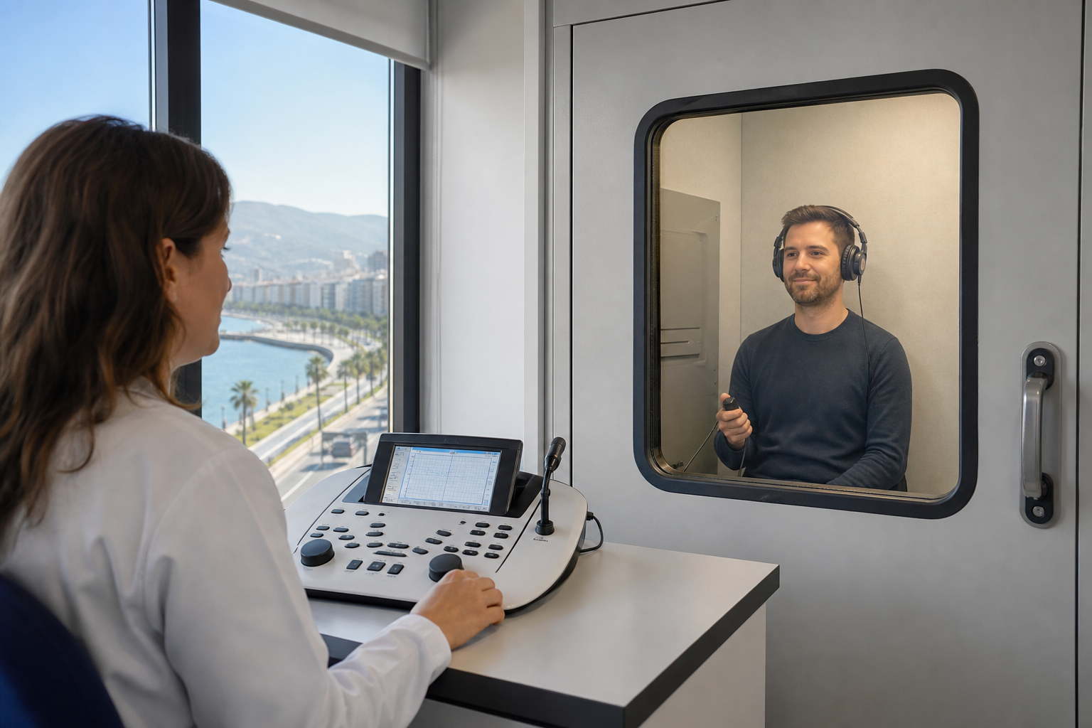İzmir'de işitme testi yaptıran danışan, modern odyoloji kliniği