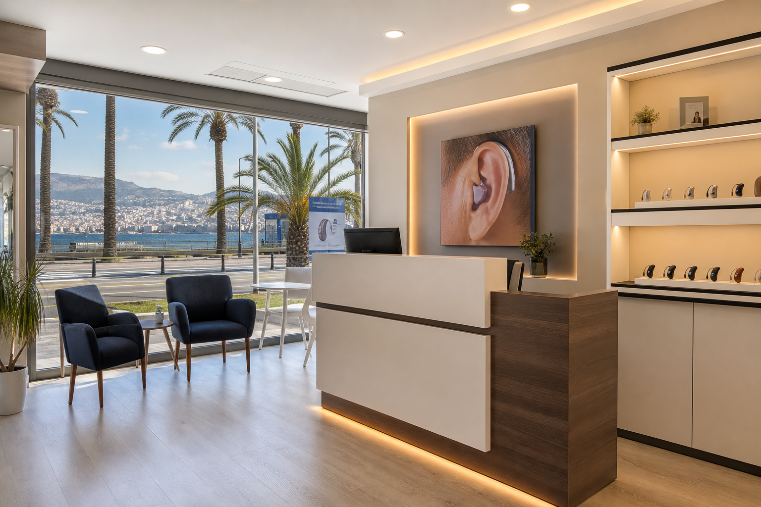 İzmir'de modern işitme merkezi klinik ortamı ve cihaz sergisi