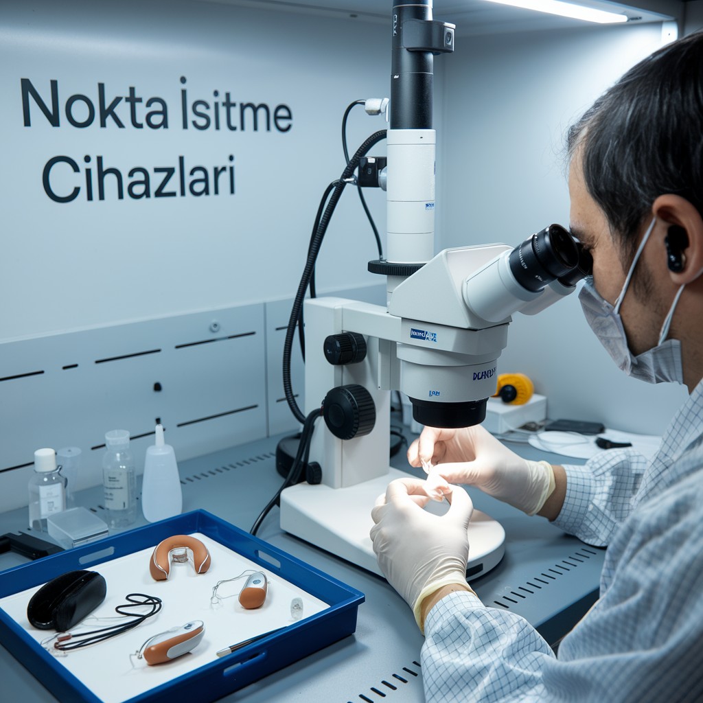 İşitme cihazı bakım atölyesinde mikroskop altında hassas onarım
